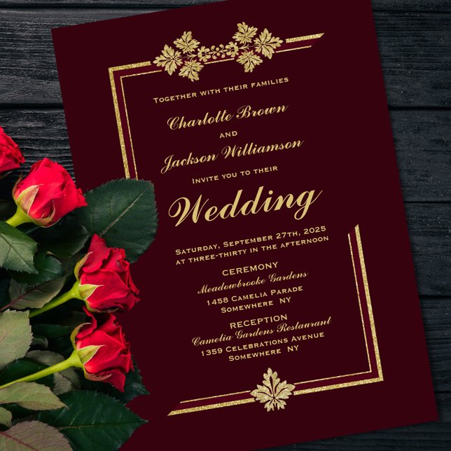 Invitación Borgoña moderna y Boda Purpurina de oro (Subido por el creador)