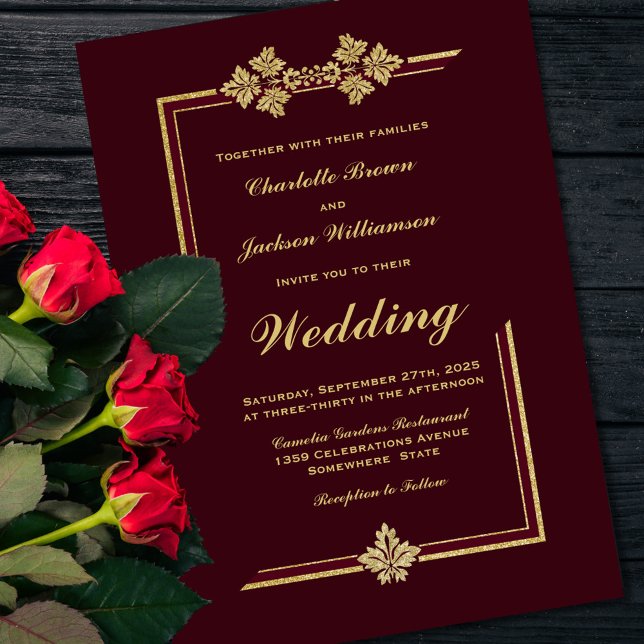 Invitación Borgoña moderna y Boda Purpurina de oro (Subido por el creador)