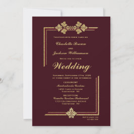 Invitación Borgoña moderna y Boda Purpurina de oro