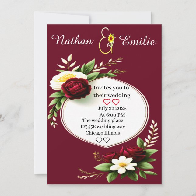 Invitación Borgoña moderna y boda romántico verde (Anverso)