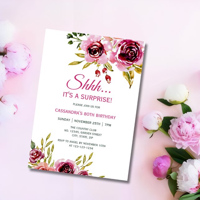 Invitación Borgoña Morado Rosa Floral Surprise Cumpleaños (Subido por el creador)