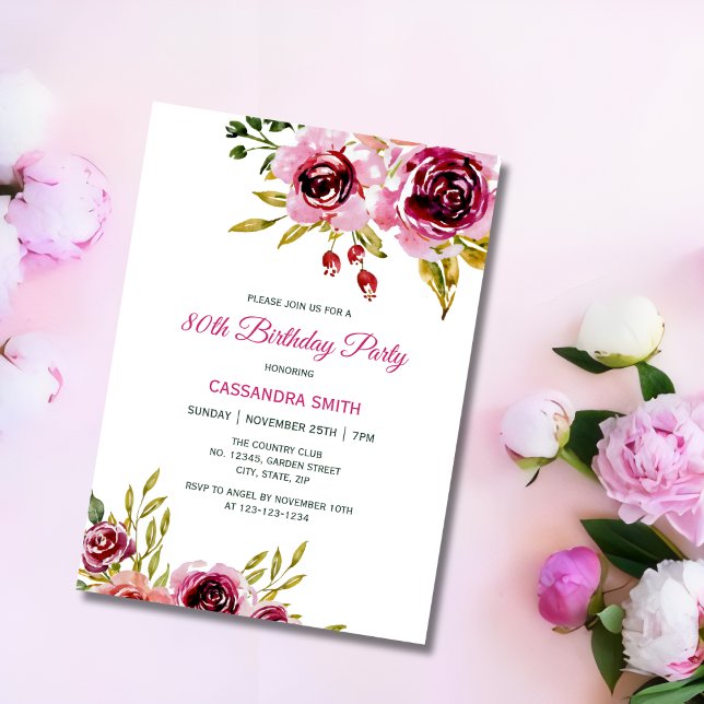 Invitación Borgoña morado Rosa Rústico Cumpleaños Floral (Subido por el creador)