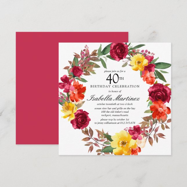 Invitación Borgoña Naranja Amarillo Floral Wreath 40 cumpleañ (Anverso / Reverso)