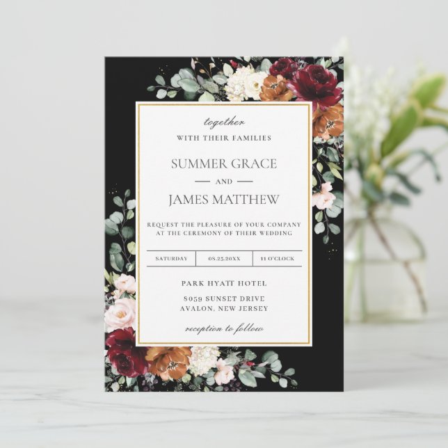 Invitación Borgoña Naranja de Rubor quemado Boda Floral marfi (Anverso de pie)