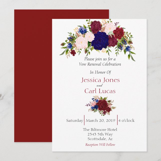 Invitación Borgoña Naval Aquarela Floral Renovación de Votos (Anverso / Reverso)