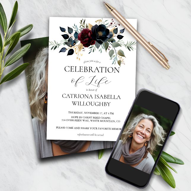 Invitación Borgoña Naval Floral Funeral Memorial (Subido por el creador)