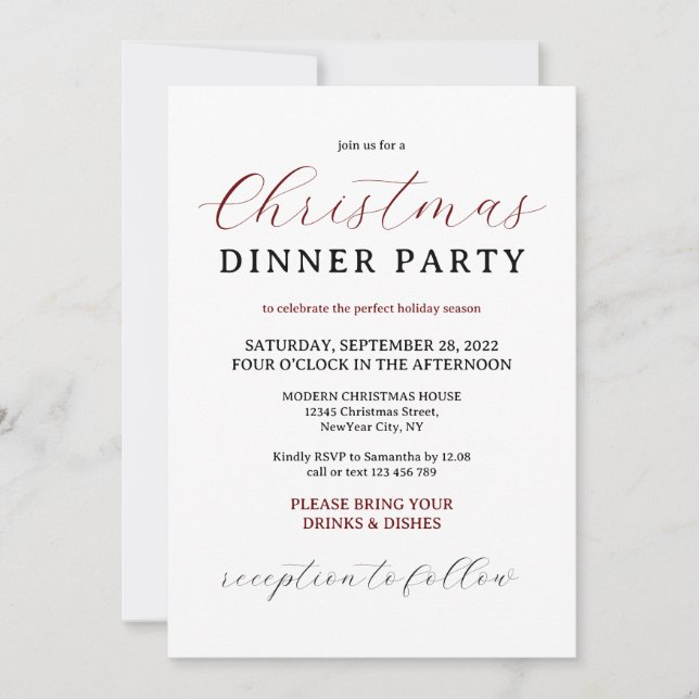 Invitación Borgoña Navidades mínimos modernos Fiesta de cena (Anverso)