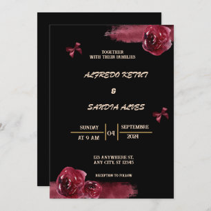 Invitación Borgoña negra y Boda del Boho moderno con flores d