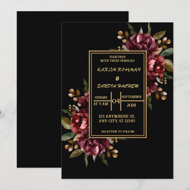 Invitación Borgoña negra y Boda del Boho moderno con flores d (Anverso / Reverso)