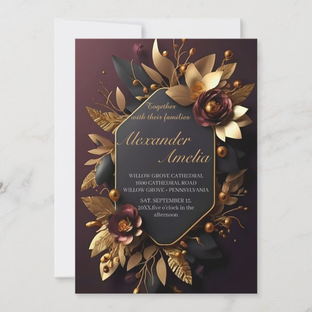 Invitación Borgoña negra y Boda del Boho moderno con flores d (Anverso)