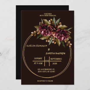 Invitación Borgoña negra y Boda del Boho moderno con flores d