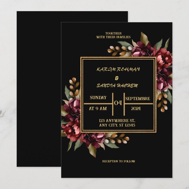 Invitación Borgoña negra y Boda del Boho moderno con flores d (Anverso / Reverso)