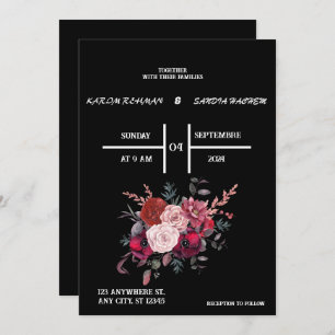 Invitación Borgoña negra y Boda del Boho moderno con flores d