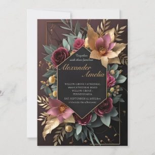 Invitación Borgoña negra y Boda del Boho moderno con flores d