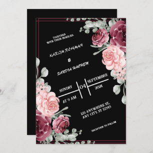 Invitación Borgoña negra y Boda del Boho moderno con flores d