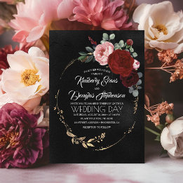Invitación Borgoña negra y Boda del Boho moderno con flores d