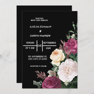 Invitación Borgoña negra y Boda del Boho moderno con flores d