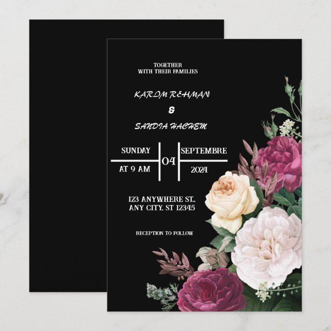 Invitación Borgoña negra y Boda del Boho moderno con flores d (Anverso / Reverso)