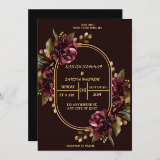 Invitación Borgoña negra y Boda del Boho moderno con flores d