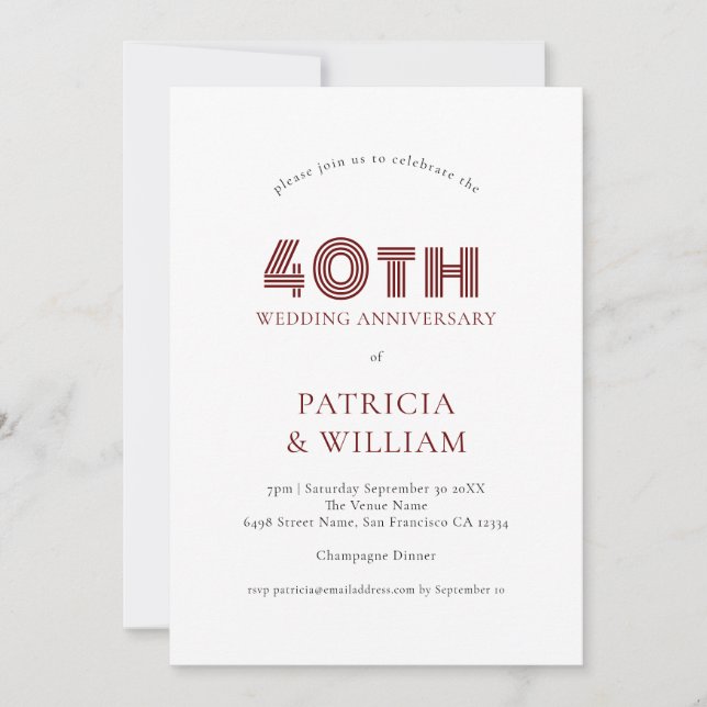 Invitación Borgoña Negro Texto 40° Aniversario del Boda (Anverso)