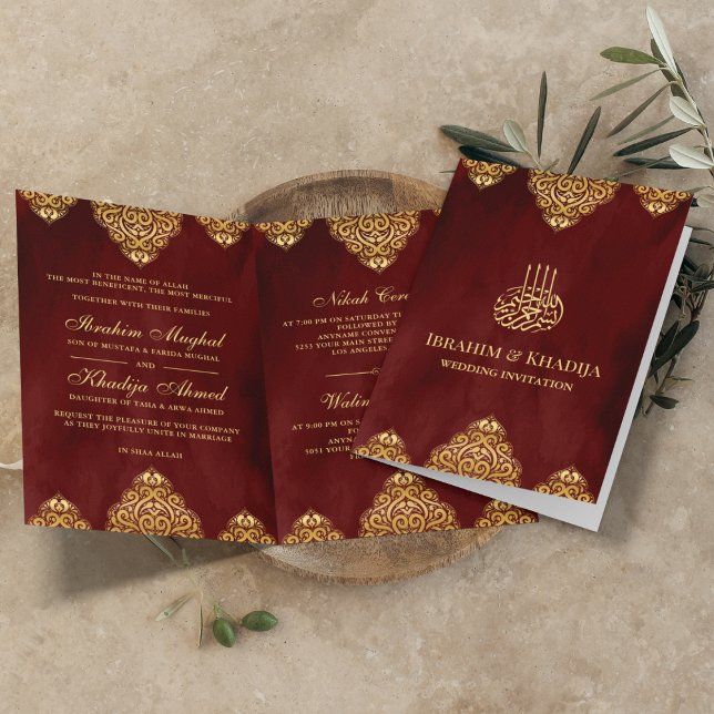 Invitación Borgoña Oro Rojo Motif Boda musulmán (Subido por el creador)