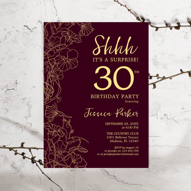 Invitación Borgoña Oro Sorpresa 30 cumpleaños (Subido por el creador)
