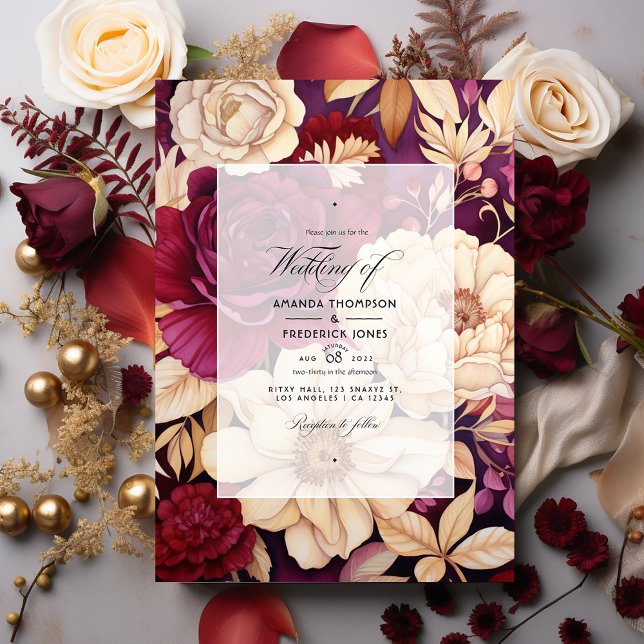 Invitación Borgoña, oro y Boda floral de marfil (Subido por el creador)