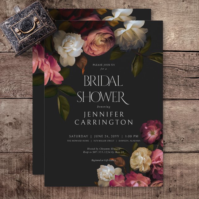 Invitación Borgoña oscura y peonés crema ducha de novia negra (Dark Burgundy & Cream Peonies Black Bridal Shower Invitation)
