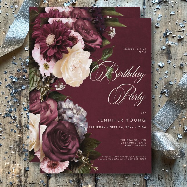 Invitación Borgoña oscuro y elegante cumpleaños floral crema (Dark Elegant Burgundy & Cream Floral Birthday Invitation)
