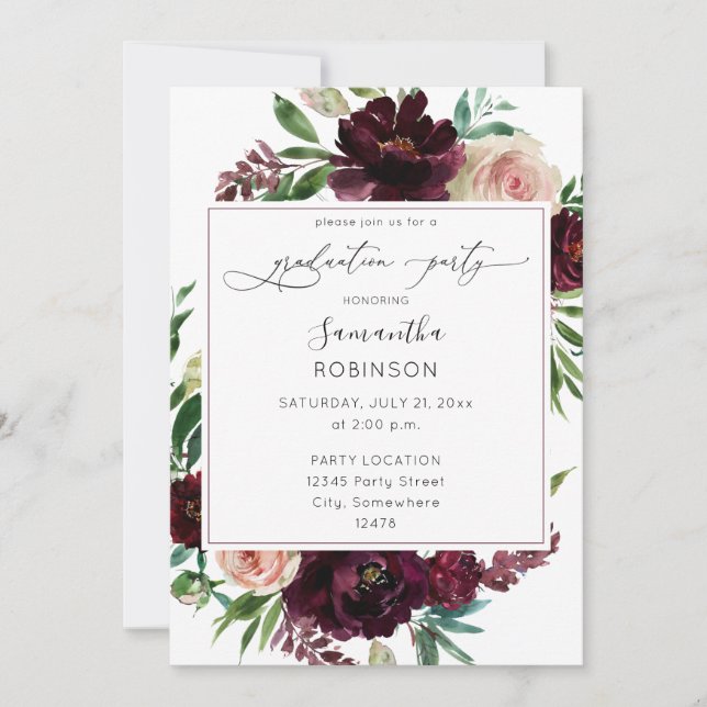 Invitación Borgoña oscuro y fiesta de graduación floral rosa  (Anverso)