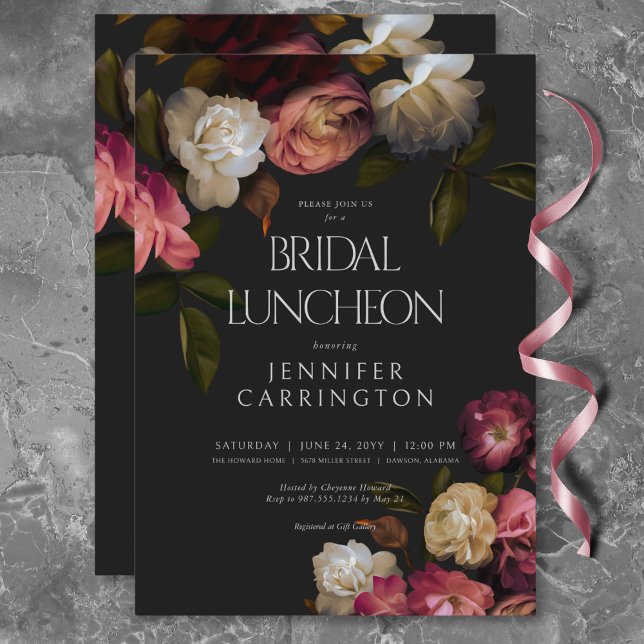 Invitación Borgoña oscuro y peonés crema almuerzo de novia ne (Dark Burgundy & Cream Peonies Black Bridal Lunch Invitation)