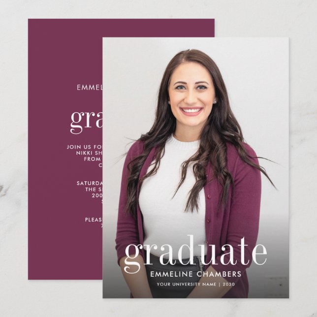 Invitación Borgoña | Partido de Graduación de Foto Casual (Anverso / Reverso)