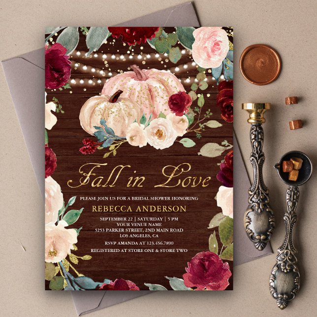 Invitación Borgoña Peach Floral Calabaza Madera Ducha de novi (Subido por el creador)