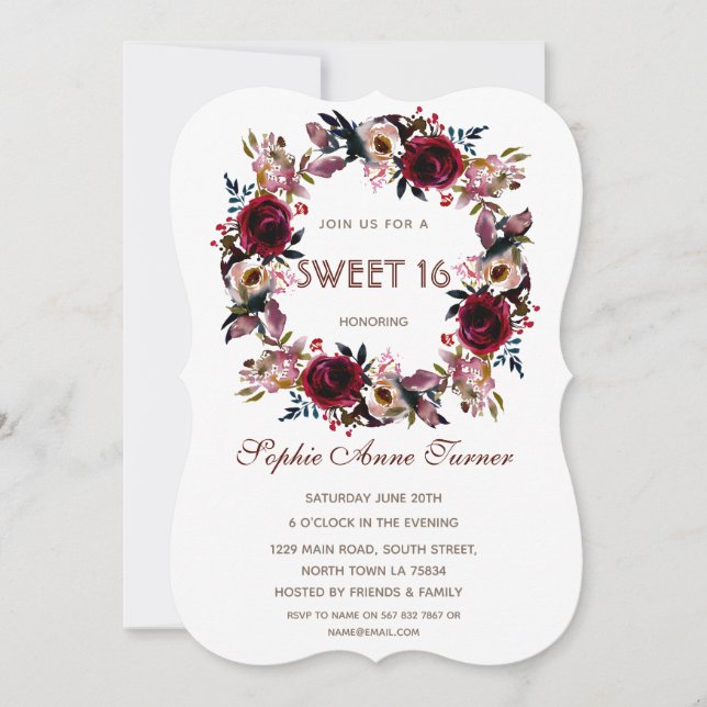 Invitación Borgoña Peach Floral Sweet Dieciséis Fiestas (Anverso)