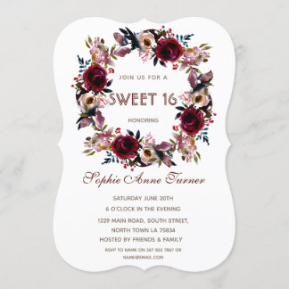Invitación Borgoña Peach Floral Sweet Dieciséis Fiestas