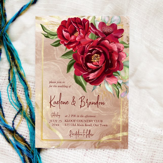 Invitación Borgoña peonías florales modernas boda de escritur (Subido por el creador)