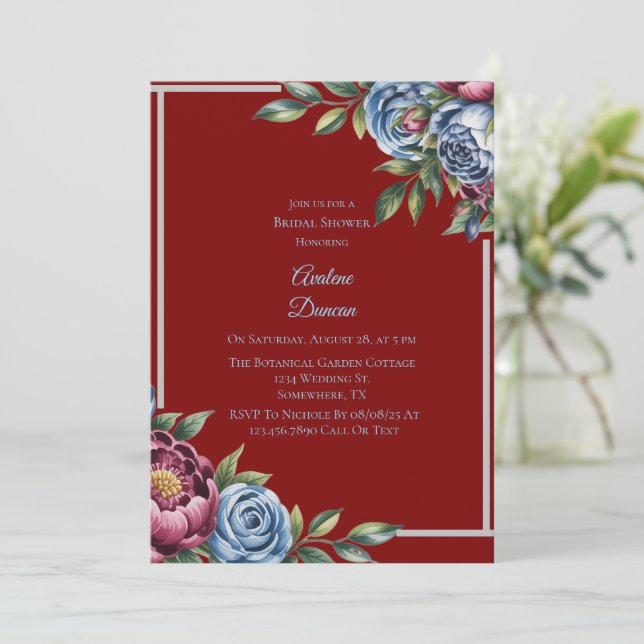 Invitación Borgoña Peony y Blue Rosa Bridal Shower (Anverso de pie)