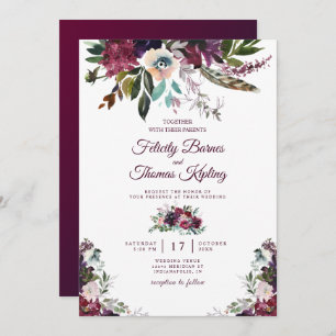 Invitación Borgoña Plendor Watercolor Floral Boda blanco