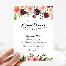 Invitación Borgoña Primavera Floral Bridal Shower Tea Fiesta