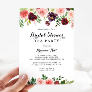 Invitación Borgoña Primavera Floral Bridal Shower Tea Fiesta
