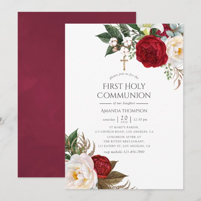 Invitación Borgoña - Primera comunión floral de Marsala (Anverso / Reverso)