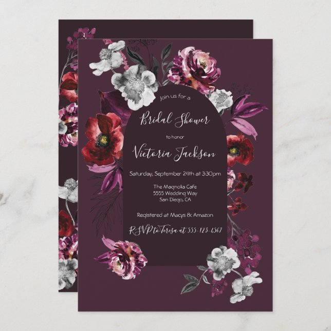 Invitación Borgoña Profunda Floral Oscura Y Moody Bridal Duch (Anverso / Reverso)