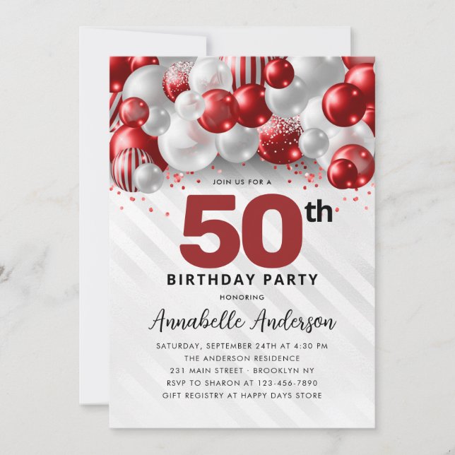 Invitación Borgoña Purpurina de globo de plata roja 50 cumple (Anverso)