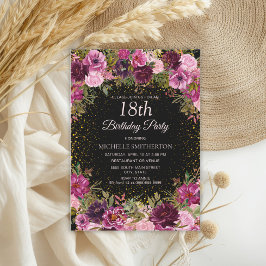 Invitación Borgoña Purpurina floral rosa negro 18 cumpleaños