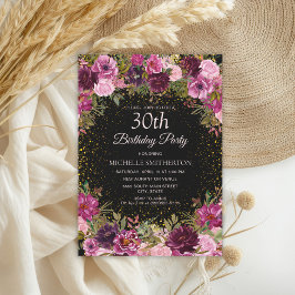 Invitación Borgoña Purpurina floral rosa negro 30 cumpleaños