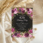 Invitación Borgoña Purpurina floral rosa negro 40 cumpleaños<br><div class="desc">Elegante y romántico color rosa,  burdeos y color de agua morado vintage floral y follaje en personalizado negro 40 cumpleaños invitación de fiesta con purpurina de oro. Personalizado con el nombre del invitado de honor.</div>