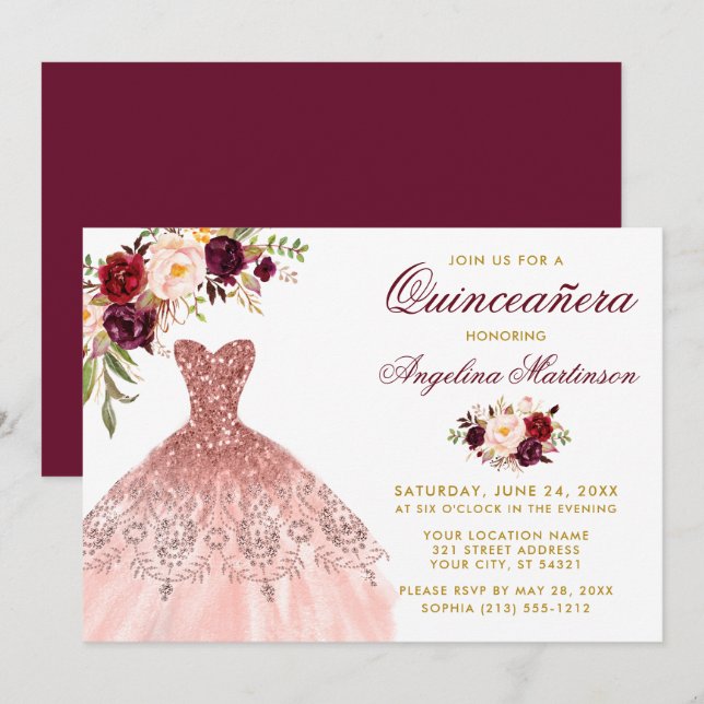 Invitación Borgoña Purpurina floral vestido oro Quinceanera (Anverso / Reverso)