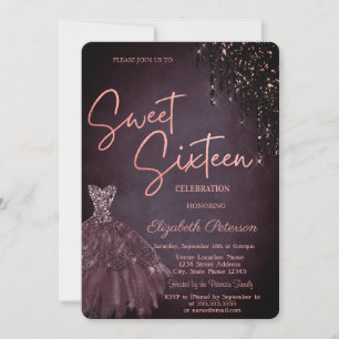 Invitación Borgoña Purpurina gotea vestido de Moda dulce 16