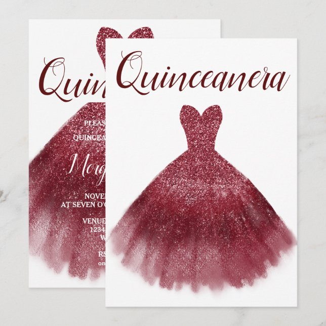 Invitación Borgoña Purpurina rojo vestido Quinceanera Fiesta  (Anverso / Reverso)