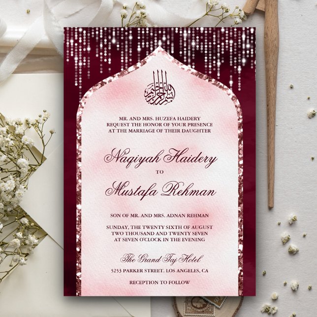 Invitación Borgoña Purpurina rosa Arch Boda musulmana de Rubo (Subido por el creador)